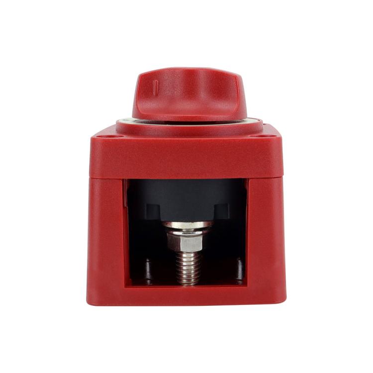 Red battery disconnect switch with protective housing and exposed mounting bolt