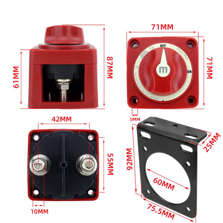 Power disconnect switch diagram with red housing, mounting bracket, and size measurements