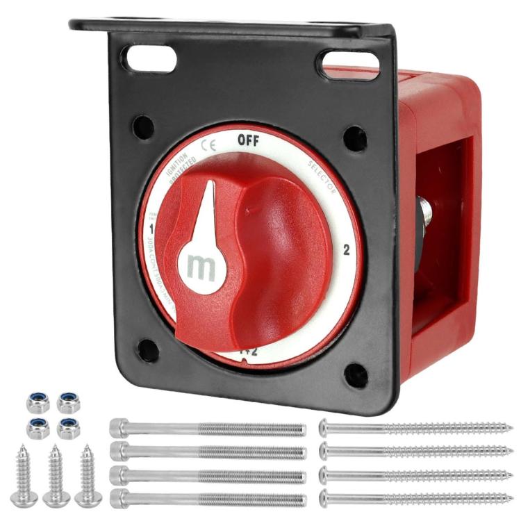 Automotive power disconnect switch with red OFF/ON knob, black frame, and mounting screws