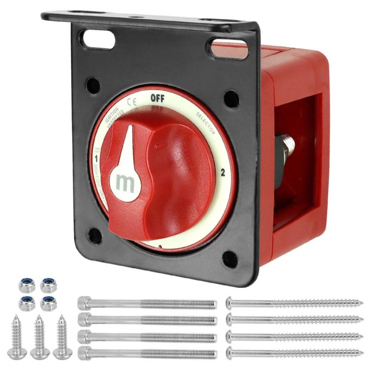 Automotive battery disconnect switch with red OFF/ON rotary knob and black mounting frame