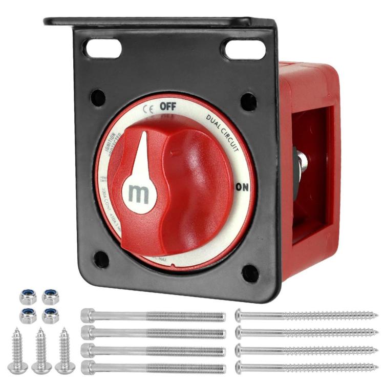 Dual-circuit battery disconnect switch with red OFF/ON knob and black mounting frame