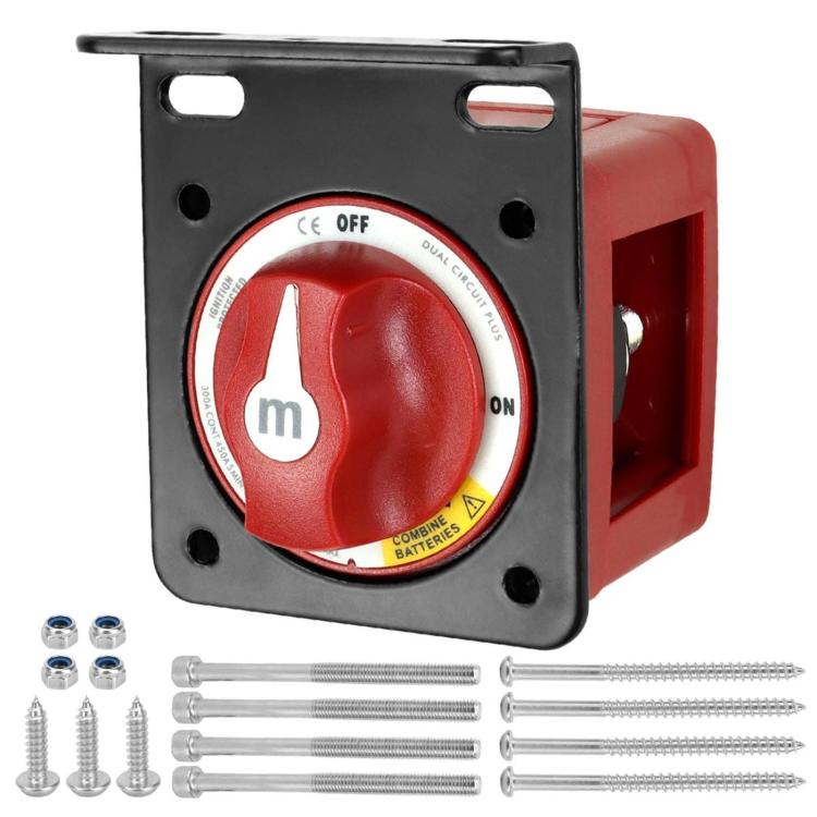 Combined-battery disconnect switch with red OFF/ON knob and black mounting frame