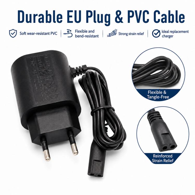 EU plug charger with black cable, two-prong plug, and shaver cord connector