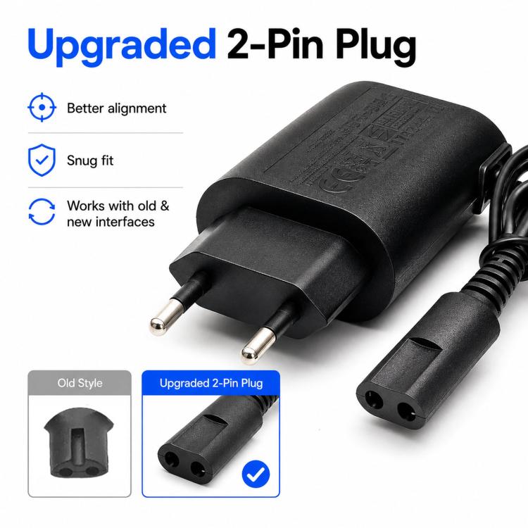 Two-pin EU plug power charger with black cable and shaver connector
