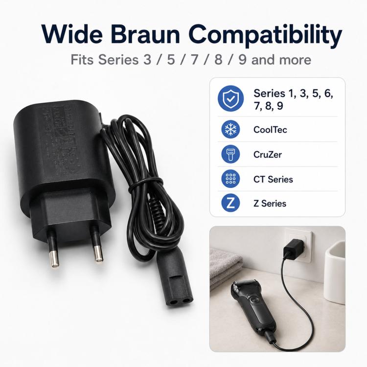 EU plug charger with black cable and compatibility list card