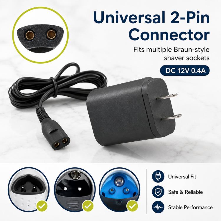 Black shaver charger with US plug, coiled cord, and 2-pin connector