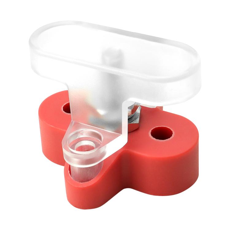 Heavy-duty battery terminal clamp with transparent cover, red base, close-up of stud and contact