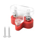 Heavy-duty battery terminal clamp with transparent cover, red base, double-screw studs