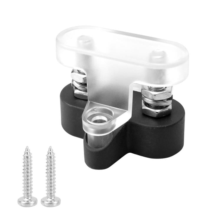 Heavy-duty battery terminal clamp with transparent cover, black base, double-screw studs