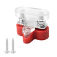 Heavy-duty battery terminal clamp with transparent cover, red base, two stud fasteners