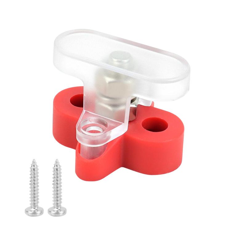 Heavy-duty battery terminal clamp with transparent cover, red base, metal stud and mounting screws