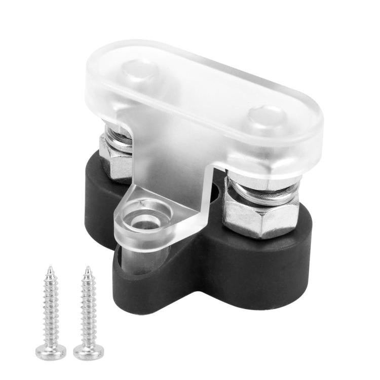 Waterproof car yacht battery terminal set with clear protective cover, black base, two studs