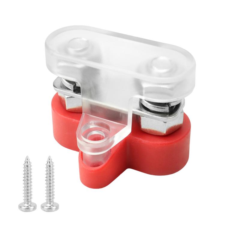 Waterproof car yacht battery terminal set with clear protective cover, red base, two studs