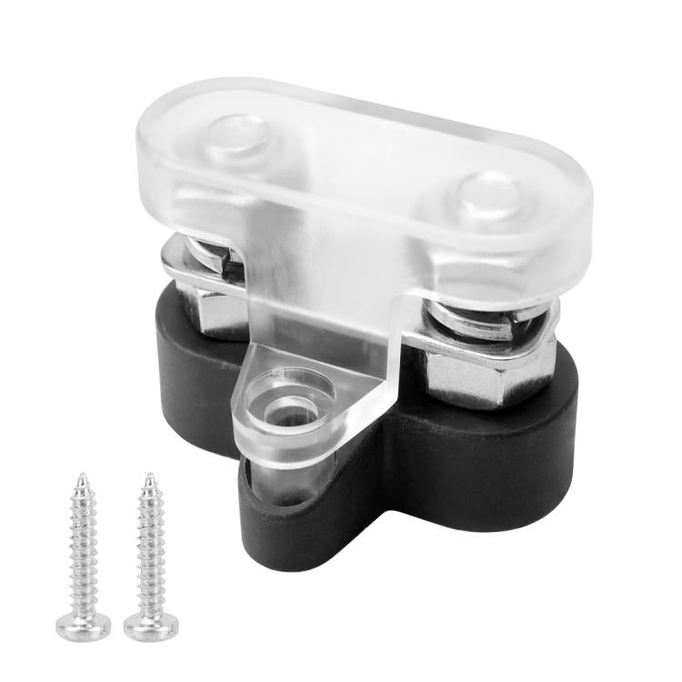 Waterproof car yacht battery terminal set with clear protective cover, black base, two studs