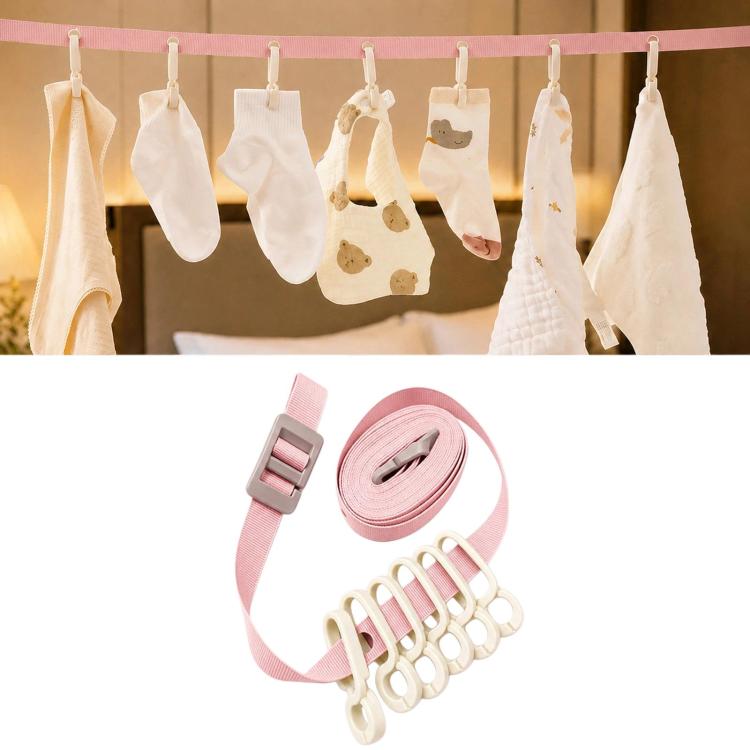 Pink portable clip clothesline with six clips, shown holding small garments