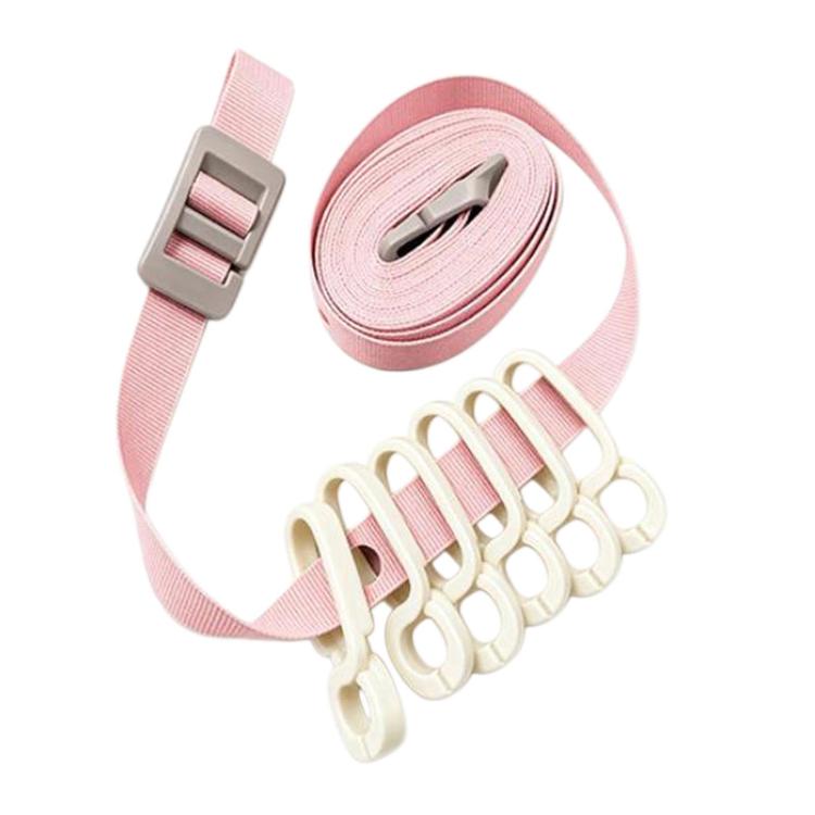 Pink strap portable clip clothesline with six white clips and coiled rope