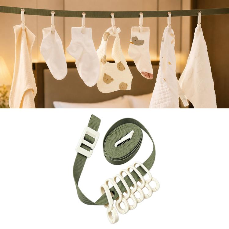 Green portable clip clothesline with six white clips and coiled strap