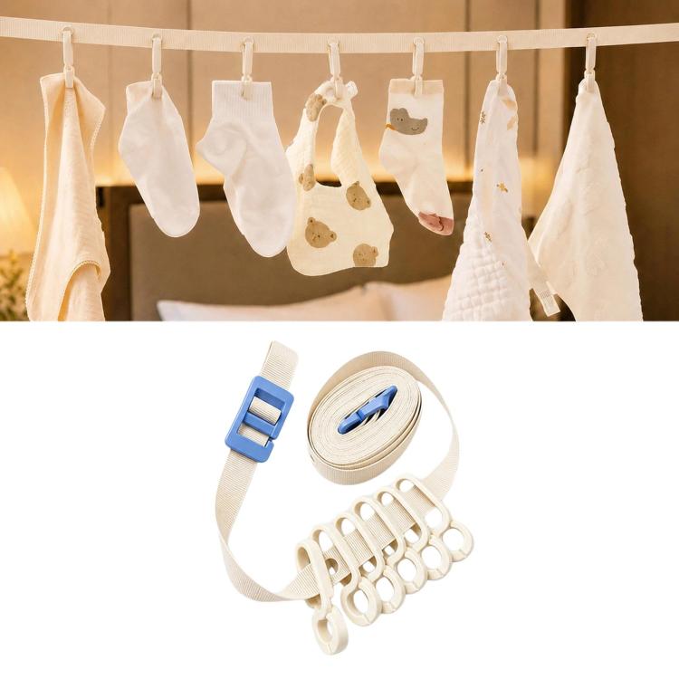Beige portable clip clothesline with six white clips and coiled strap