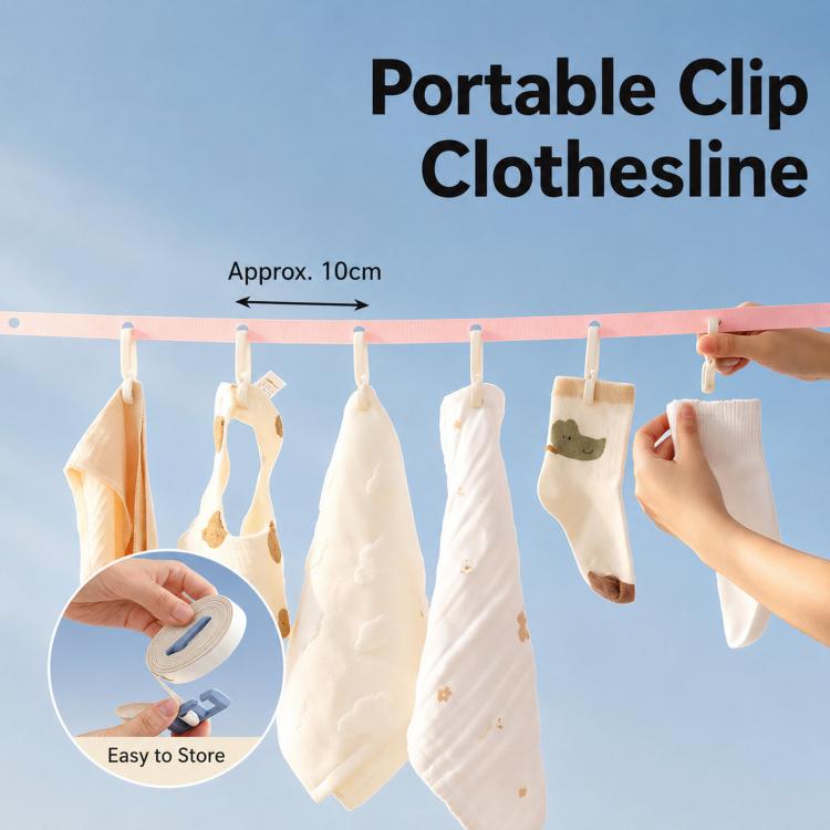Portable clip clothesline with six clips, pink strap, for hanging clothes