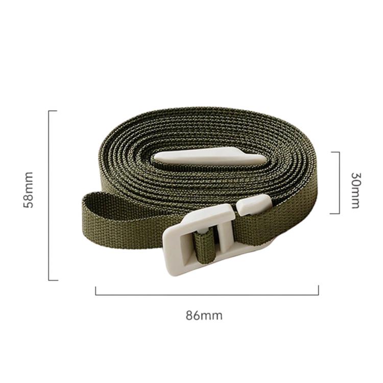 Olive green portable clip strap with white clip and size markings