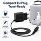 Compact black EU plug charger adapter with coiled power cord and charging plug