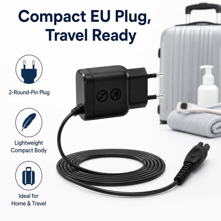 Compact black EU plug charger adapter with coiled power cord and charging plug