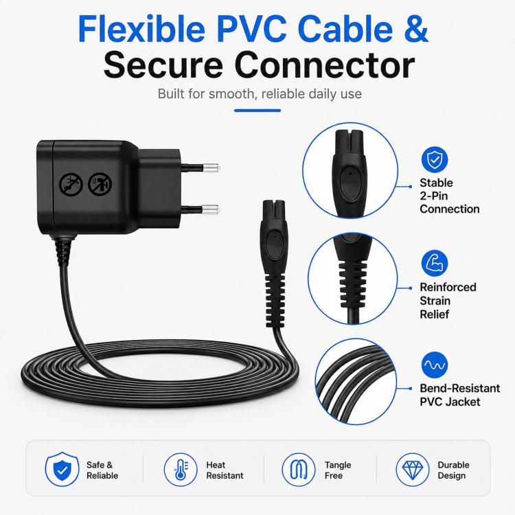Black EU plug charger with flexible PVC cable and strain-relief connector ends