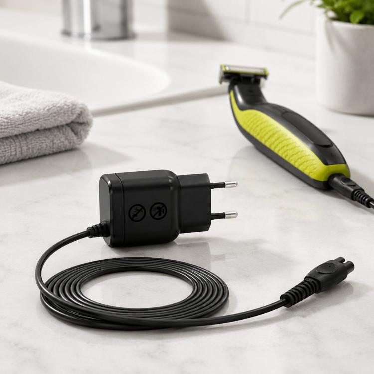 Black EU plug charging adapter with coiled cord for electric shaver