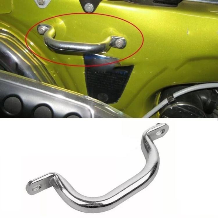 Chrome grab bar handle with two mounting plates and bolt holes, U-shaped for mini bike