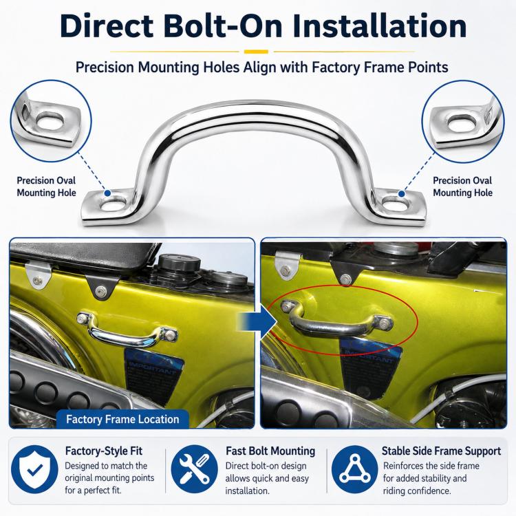 Chrome bolt-on grab bar with oval mounting holes and side brackets