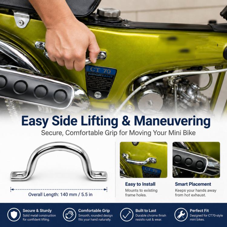 Installed chrome grab bar handle on mini bike frame, U-shaped side lifting grip
