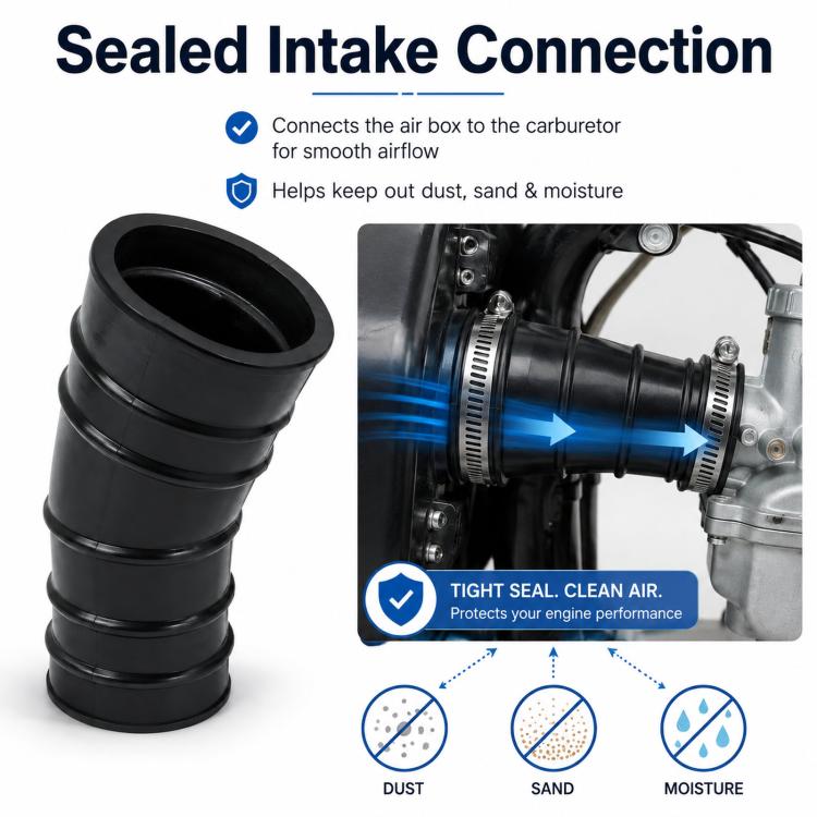 Black rubber intake duct boot showing sealed airbox-to-carburetor connection