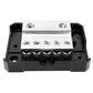 Car audio amplifier grounding box front view with clear cover open and metal terminal block