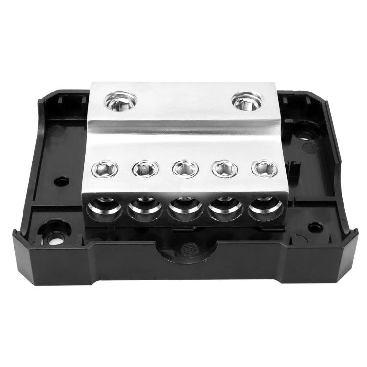Car audio amplifier grounding box front view with clear cover open and metal terminal block