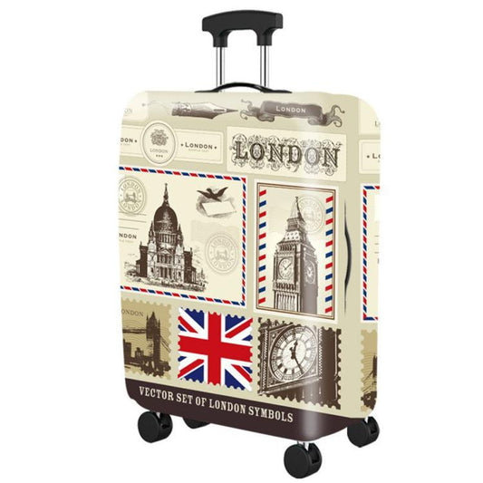 Elastic suitcase dust cover with London icons pattern, full wrap protection.