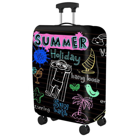Elastic suitcase dust cover with Summer Holiday doodle graphic, full wrap protection.