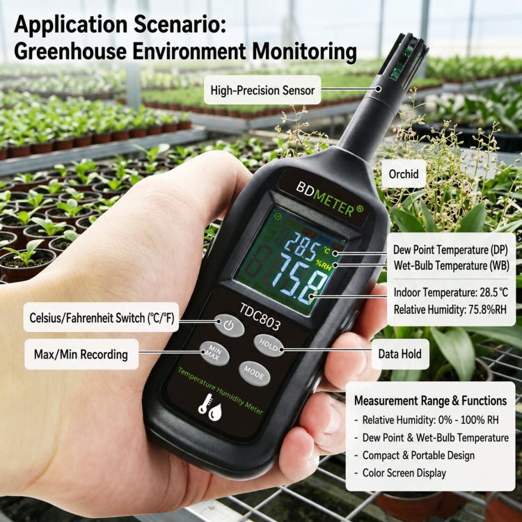 BDMETER TDC803 Handheld Portable Color Screen Temperature Humidity Meter High-Precision Environmental Detector, BDMETER TDC803