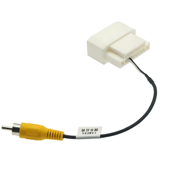 Backup camera cable adapter with white wiring connector and yellow RCA plug, black cable