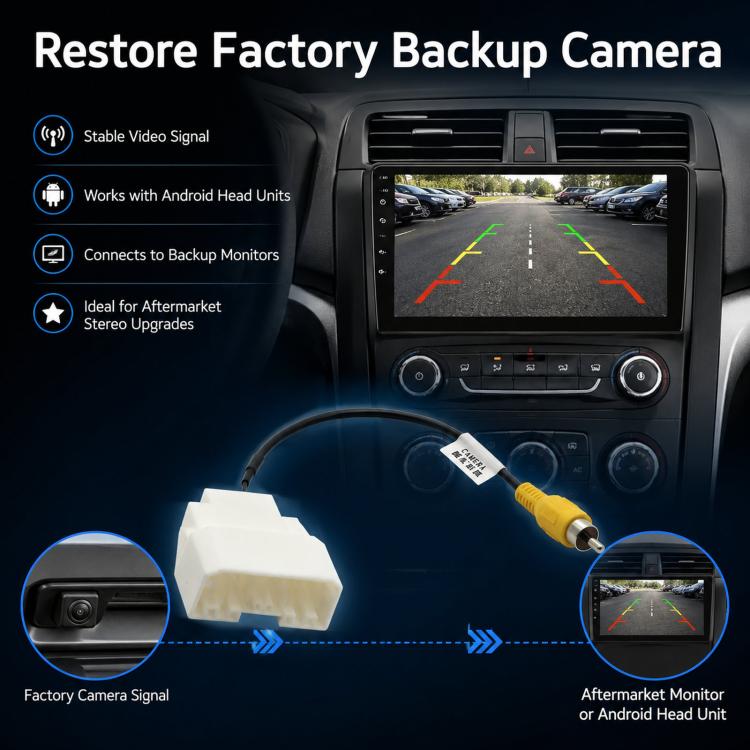 Backup camera adapter cable with white harness connector and yellow RCA plug near car head unit