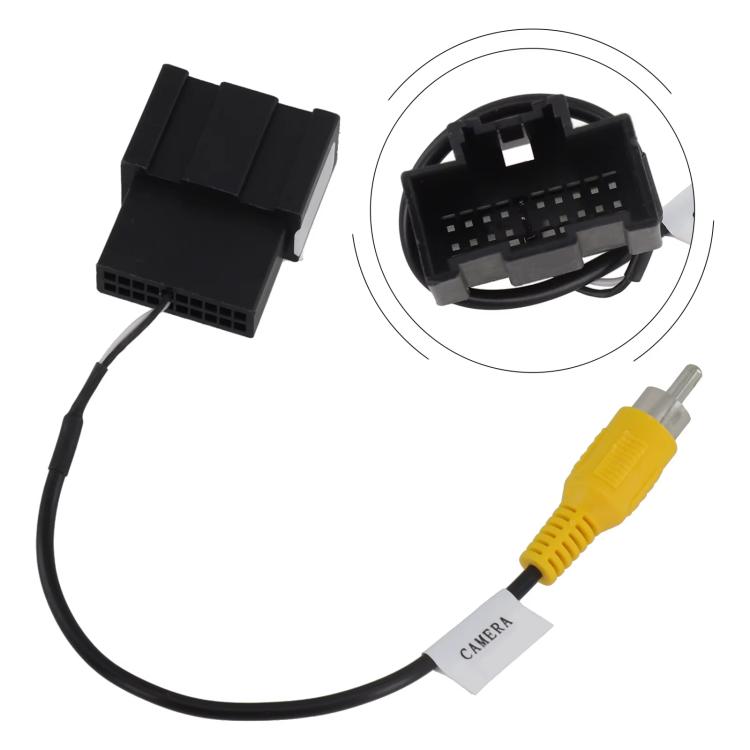 Backup camera harness adapter with black connector block, wiring, and RCA plug