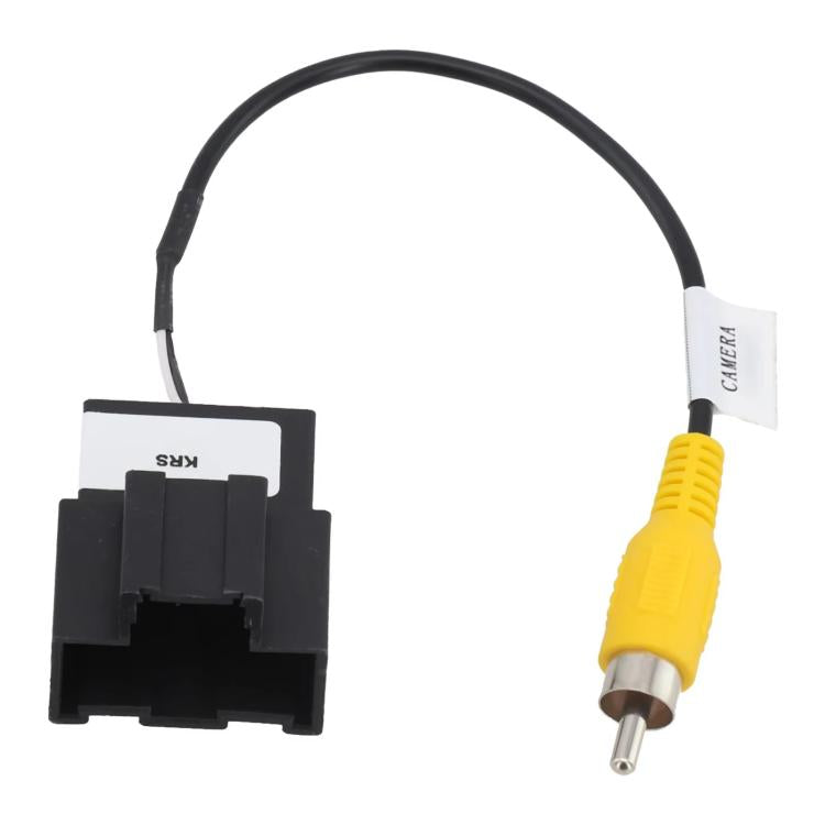 Backup camera harness adapter with black multi-pin connector and yellow RCA plug
