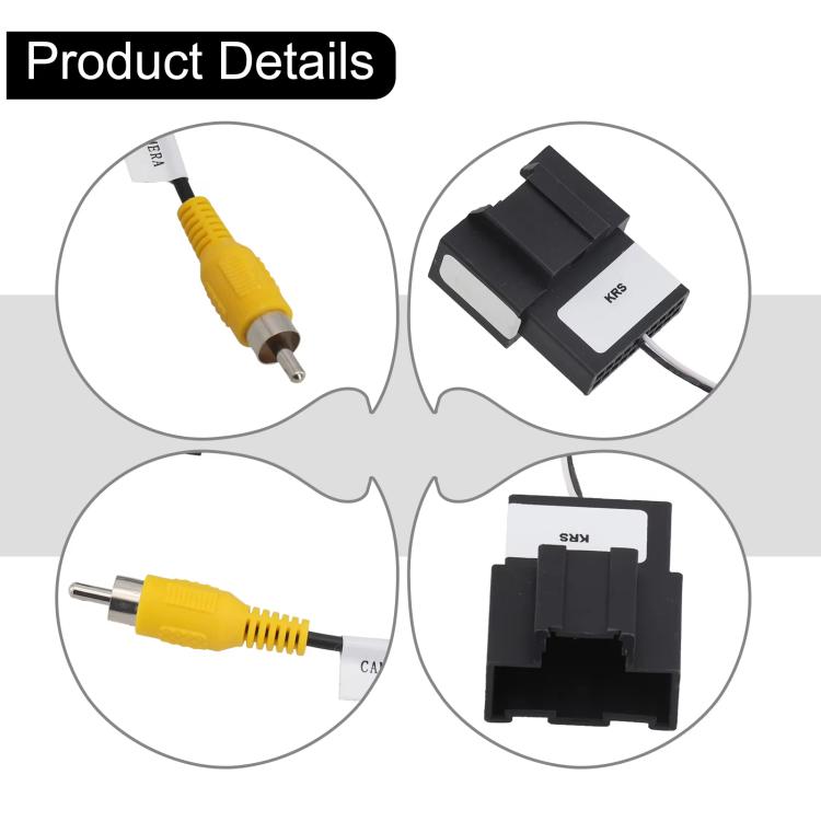 Backup camera harness adapter product details showing yellow RCA plug and black connectors