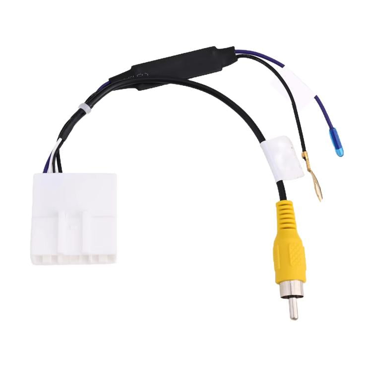 24-pin backup camera harness adapter cable with white connector and yellow RCA plug