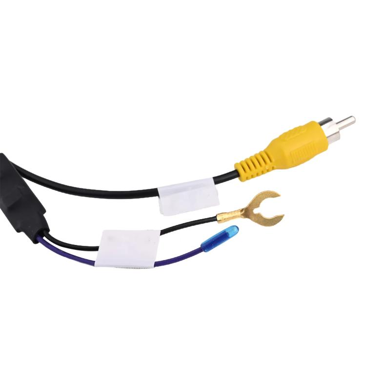 Backup camera wiring harness adapter with yellow RCA plug and blue wire