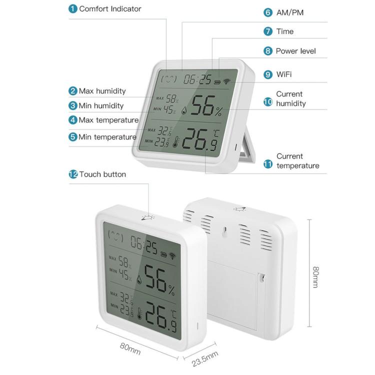 For Tuya Large Screen Smart Temperature Humidity Meter Wireless Portable Home Thermometer, TH08Pro