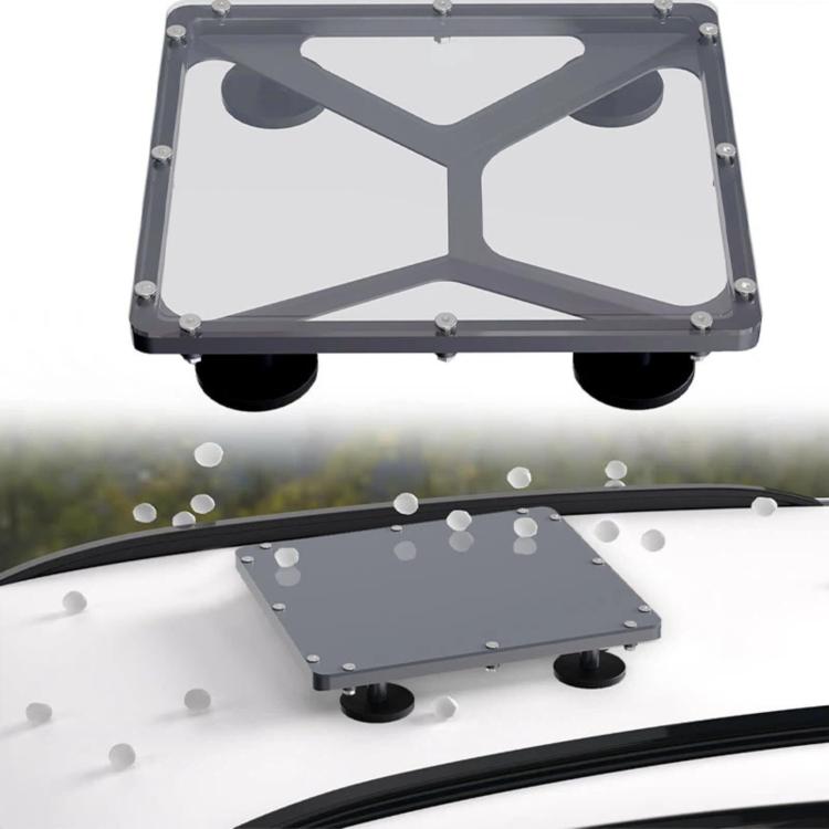 Gray magnetic roof bracket attached to car roof with anti-hail plate and feet