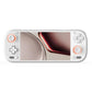 White handheld game console with orange-accent thumbsticks and D-pad