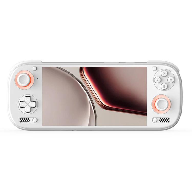 White handheld game console with orange-accent thumbsticks and D-pad