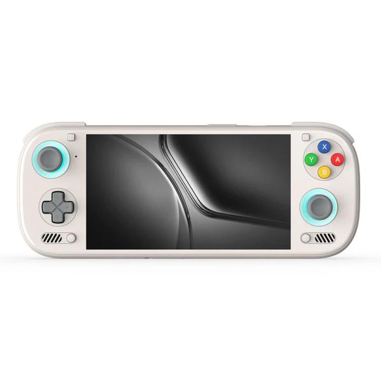 Light gray handheld game console with 6-inch screen, dual thumbsticks, and right-side buttons.
