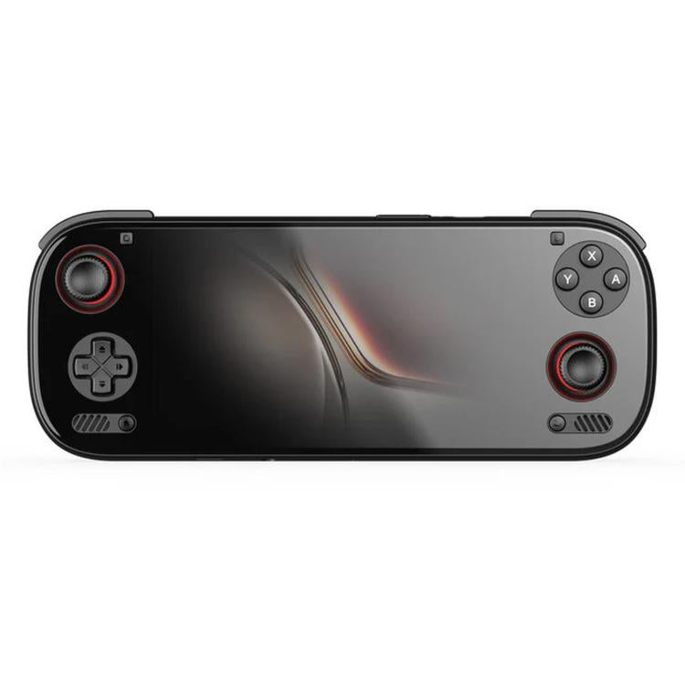 Black handheld game console with red circular thumbsticks and button cluster